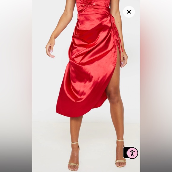 Red Ruched Tie Side Satin Midi Skirt - Super Sexy Slit - Pretty Little Thing sz2 - Picture 2 of 9